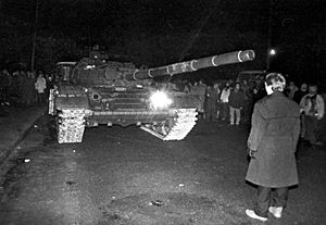 Unarmed Lithuanian citizen standing against Soviet tank, Vilnius, January 13, 1991