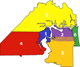 Vernacular regions of Jacksonville:       1. Urban core      2. Arlington      3. Southside      4. Westside      5. Northside      6. Beaches