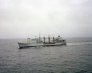 A port bow view of the British large fleet tanker HMS TIDEPOOL (A 76) underway