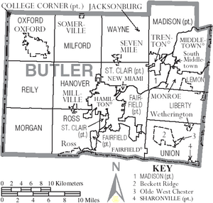 Map of Butler County Ohio With Municipal and Township Labels