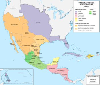 Viceroyalty of New Spain in 1794, with the Captaincy General of Cuba shown in purple