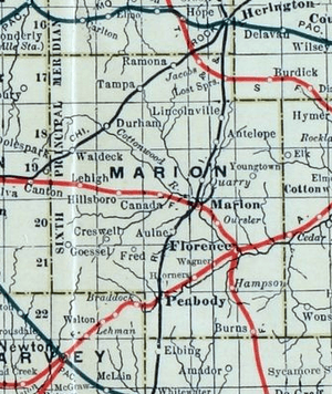 Stouffer's Railroad Map of Kansas 1915-1918 Marion County
