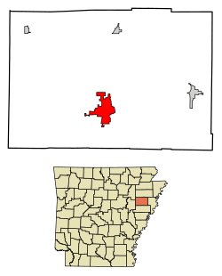 Location of Wynne in Cross County, Arkansas.