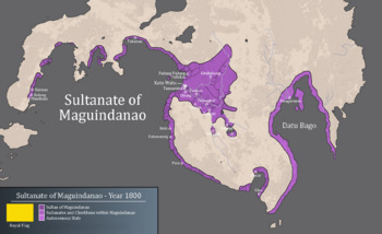 Detailed map of the maximum extent of the territory of the Sultanate of Maguindanao in 1800 (purple) and its subjects (light purple) according to various accounts.