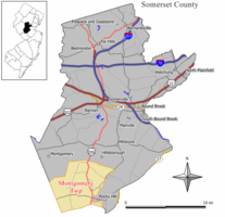 Map of Montgomery Township in Somerset County. Inset: Location of Somerset County highlighted in the State of New Jersey.