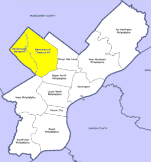 Map of Philadelphia County with Northwest highlighted neighborhood. Click for larger image.