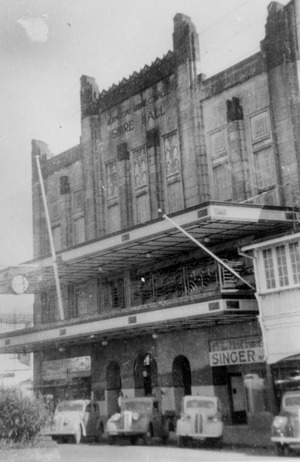Johnstone Shire Hall, Innisfail, showing the upper storey the arched entry and the Art Deco facade, circa 1947f