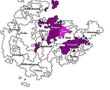      Saxe-Weimar, shown within the other Ernestine duchies and      Saxe-Jena, joined to Saxe-Weimar in 1690