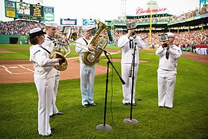 US Navy 090703-N-3271W-049 Musicians from the U.S. Navy Band Northeast Jazz ensemble perform the national anthem prior to a Boston Red Sox vs. Seattle Mariners game at Fenway Park