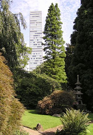 The Bayer skyscraper in Leverkusen, seen from the Japanese gardens