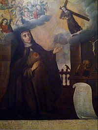Allegoric painting of Francisca Josefa de la Concepción, kneeling whilst receiving a mystic vision