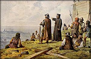Josef Mathauser - Jan Žižka s knězem Václavem Korandou roku 1420 hledí s Vítkova na Prahu