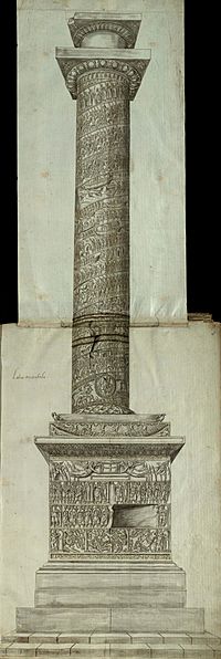 Side view of the Column of Arcadius, with carved reliefs of scenes and figures on the pedestal, on the socle and spiralling up the column shaft, capped by a capital and a statue's empty plinth