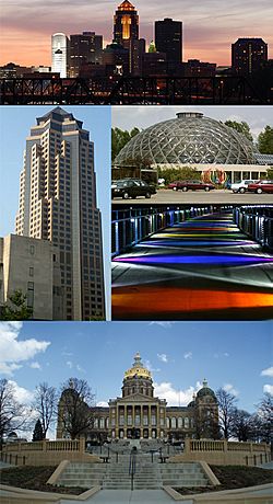 Clockwise from top: skyline, the Greater Des Moines Botanical Garden, the Kruidenier Trail bridge, the Iowa State Capitol, and 801 Grand (Principal Financial Group)