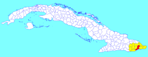 San Antonio del Sur municipality (red) within  Guantánamo Province (yellow) and Cuba