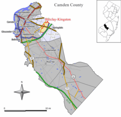 Map of the former Barclay-Kingston CDP in Camden County. Inset: Location of Camden County in New Jersey.