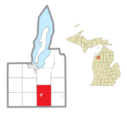 Location within Grand Traverse County (red) and the administered village of Kingsley (pink)