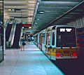 Train of Boeing LRVs waiting to depart Muni Metro's Embarcadero station in 1993