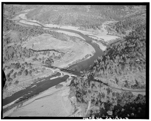 Contextual aerial view of bridge in setting, from downstream, view to northeast. - Parks Bar Bridge, Spanning Yuba River at State Highway 20, Smartville, Yuba County, CA HAER CAL,58-SMAVI.V,1-3