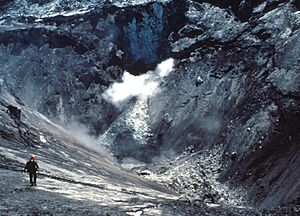 Dave Johnston going into Mount St. Helens crater to sample lake, 30 April 1980 (USGS) cropped