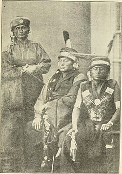 Three prominent Kaw chiefs: (left to right) Al-le-ga-wa-ho, Kah-he-ga-wa-ti-an-gah, and Wah-ti-an-gah. Photograph taken in Washington D.C., 1867.