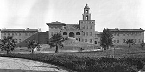 Exterior view of Santa Fe Railroad Hospital, across from Hollenbeck Park in Boyle Heights (CHS-5203) (cropped)