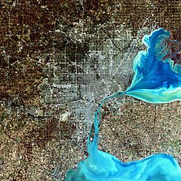 A simulated-color satellite image of Metro Detroit, with Windsor across the river, taken on NASA's Landsat 7 satellite.