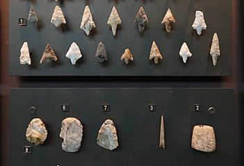 Outils du Néolithique récent, échelle : H. d'un numéro : Template:Unité. Tumulus du Montabout, Pamproux (Deux-Sèvres).