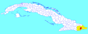 Manuel Tames municipality (red) within  Guantánamo Province (yellow) and Cuba