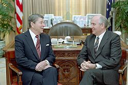 President Ronald Reagan talks with Mikhail Gorbachev in the Oval Office during the Washington Summit