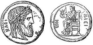 Forngrekiska mynt från Elis med bilder efter Fidias staty av Zeus i Olympias Zeustempel