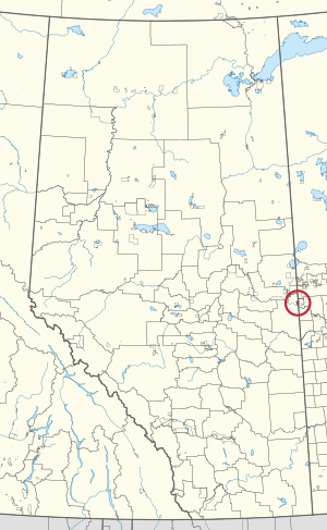 A map of the province of Alberta showing 80 counties and 145 small Indian reserves. One is highlighted with a red circle.