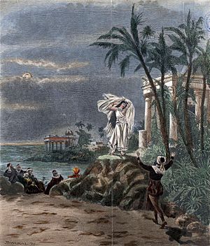A stormy scene under a threatening sky; to the right is a pillared temple screened by palm trees. Outside the temple a woman stands, dressed in white, her robes blown in the wind. To the left in the middle distance a group of men is visible, gathered by the sea shore.
