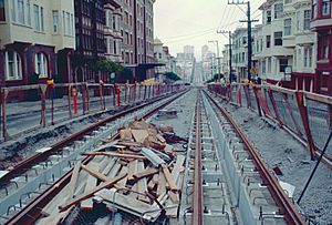 SF cable car track reconstruction work on Hyde St north of Clay, July 1983