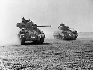 Sherman tanks of 9th Queen's Royal Lancers during the Battle of El Alamein, 5 November 1942. E18972