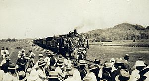 StateLibQld 2 239722 Greeting the officials train at Mount Isa, western Queensland