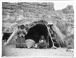 Two Havasupai Indian women in front of a native dwelling, Havasu Canyon, ca.1899 (CHS-3791)