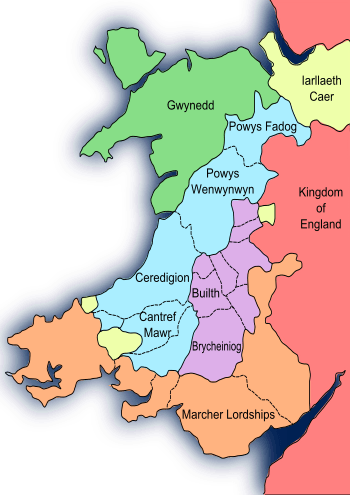 Principality of Wales (1267–1277), the lands ruled directly by the Prince of Wales      Gwynedd, Llywelyn ap Gruffudd's principality      Territories conquered by Llywelyn      Territories of Llywelyn's vassals      Lordships of the Marcher barons      Lordships of the king of England