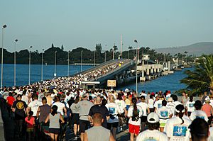 Military and civilian runners crossing the Admiral Clarey Bridge during the 2006 Ford Island 10k Bridge Run at Pearl Harbor