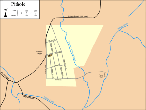 Map of Pithole and the surrounding area showing the city streets and Frazier Well, overlaid with modern roads and creeks