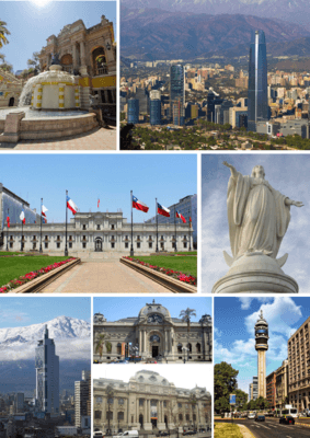 Collage of Santiago, left to right, top to bottom: Santa Lucía Hill, panoramic view of Santiago, La Moneda, Statue of the Immaculate Conception, Torre Telefónica, National Museum of Fine Arts and National Library of Chile, Torre Entel, Estación Central and San Francisco church.