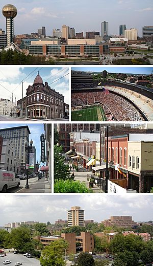 Clockwise from top: Skyline of Knoxville, Neyland Stadium, Market Square, University of Tennessee campus, Gay Street in Downtown, and Patrick Sullivan's Saloon in Old City