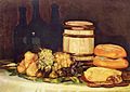 Naturaleza muerta con botellas, frutas y pan por Goya