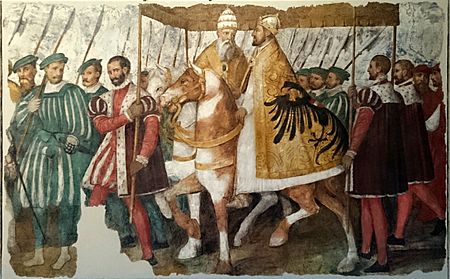 Papa Clemente VII e l'imperatore Carlo V a cavallo soto un baldacchino (8 de agosto de 2018, Museo degli affreschi Giovanni Battista Cavalcaselle, Verona)