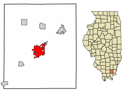 Location of Harrisburg in Saline County, Illinois.
