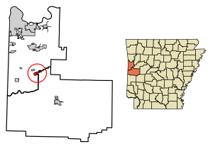 Location of Mansfield in Scott County and Sebastian County, Arkansas.