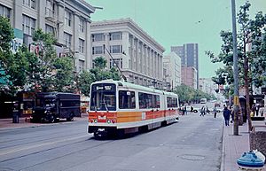 1983 SF Historic Trolley Festival - 1977 Boeing LRV 1213 outbound on Market St at 5th