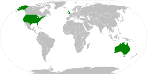 A world map with Australia, the United Kingdom, and the United States coloured in green; all remaining countries are in grey