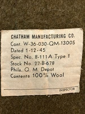 A WW2 Chatham Blanket label.