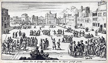 Christelijke gevangenen worden op een plein te Algiers als slaaf verkocht, Jan Luyken, 1684